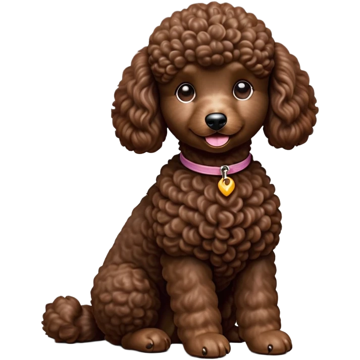 cinematic-[poodle]-realistic-full-body-sitting-emoji,-tail-resting-loosely-beside-its-paws,-head-tilted-dramatically, -curly-[chocolate]-fur,-simplified-yet-realistic-focused-features,-highly-detailed,-glowing-with-an-almost-sarcastic-glow emoji