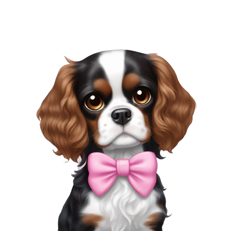 black and white cavalier king charles spaniel with a pink bow held by a white girl with brown curly hair with highlights, blue eyes emoji