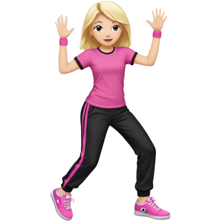 Hiphop dancer, with cute big pants, sneakers, and t-shirt. White girl blond. Coloufull shirt. No pocket pants. Dancing. Pink and black plain outfit. No sweatbands on the wrist, black music box behind her. emoji