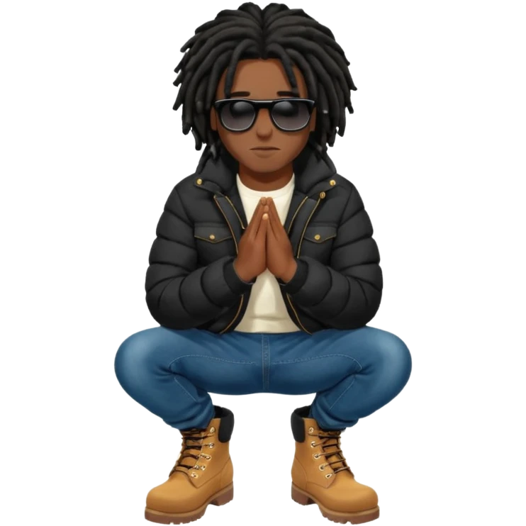 African American man brown skin complexion with black dreadlocks shoulder length wearing black bubble winter coat wearing black sunglasses with denim skinny jeans and timberland boots kneeling on one knee in prayer emoji