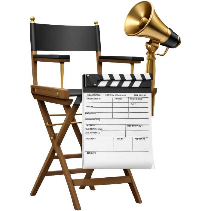 Icon for Directing: a director's chair, a film slate, a megaphone, a stack of script papers and an Oscar statuette. The icon should represent the creative and leadership aspects of directing, with focus on film and theater production. Transparent background. emoji