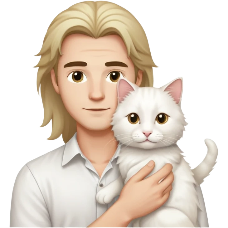 A young handsome Caucasian man in a white shirt holds a long-haired white cat emoji