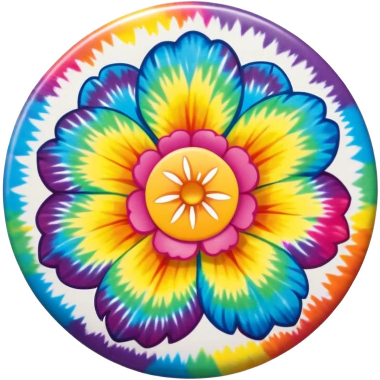 A round tie dye style colored button with a large rainbow colored flower in the center emoji