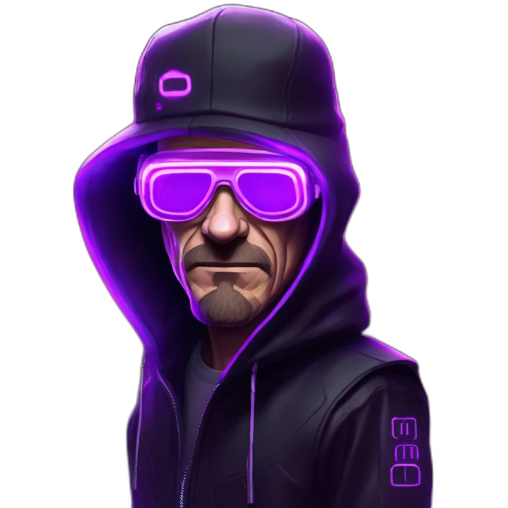Walter White wearing a black hoodie with "OMG" letters on it and VR headset in a cyberpunk VR environment with violet neon lighting. emoji