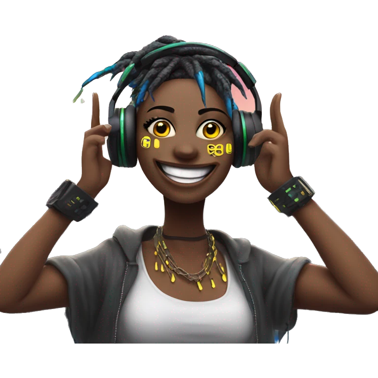 Crazy Raver Smile With headphones and make up making rock with the hands and a cyberpunk city in the background emoji