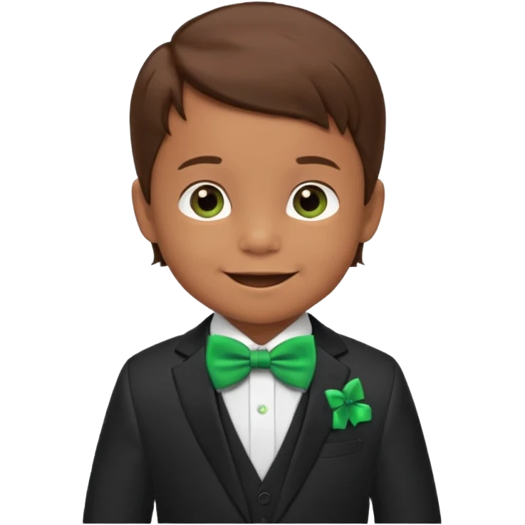 baby cute boy 5 years old, brown hair in suit, with green bow, smile emoji