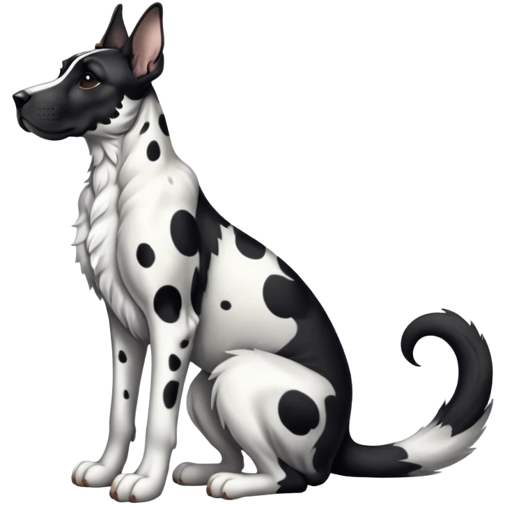 cinematic-[spotted dane]-realistic-full-body-sitting-emoji,-tail-resting-loosely-beside-its-paws,-head-tilted-dramatically, ears drooped, -sleek-[black and white]-fur,-simplified-yet-realistic-focused-features,-highly-detailed,-glowing-with-an-almost-sarcastic-glow emoji