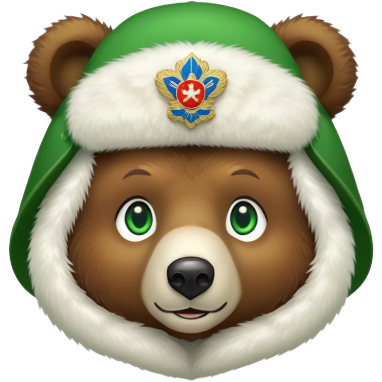 Endearing brown bear with bright green eyes, white fur ushanka hat with detailed Russian Federation emblem prominently displayed on front, iOS emoji style emoji