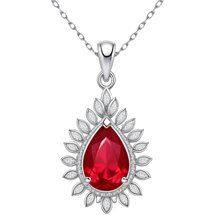 teardrop ruby pendant with fiery light, tiny phoenix feather, haloed by shimmering white stones, silver chain, symbolizing rebirth emoji