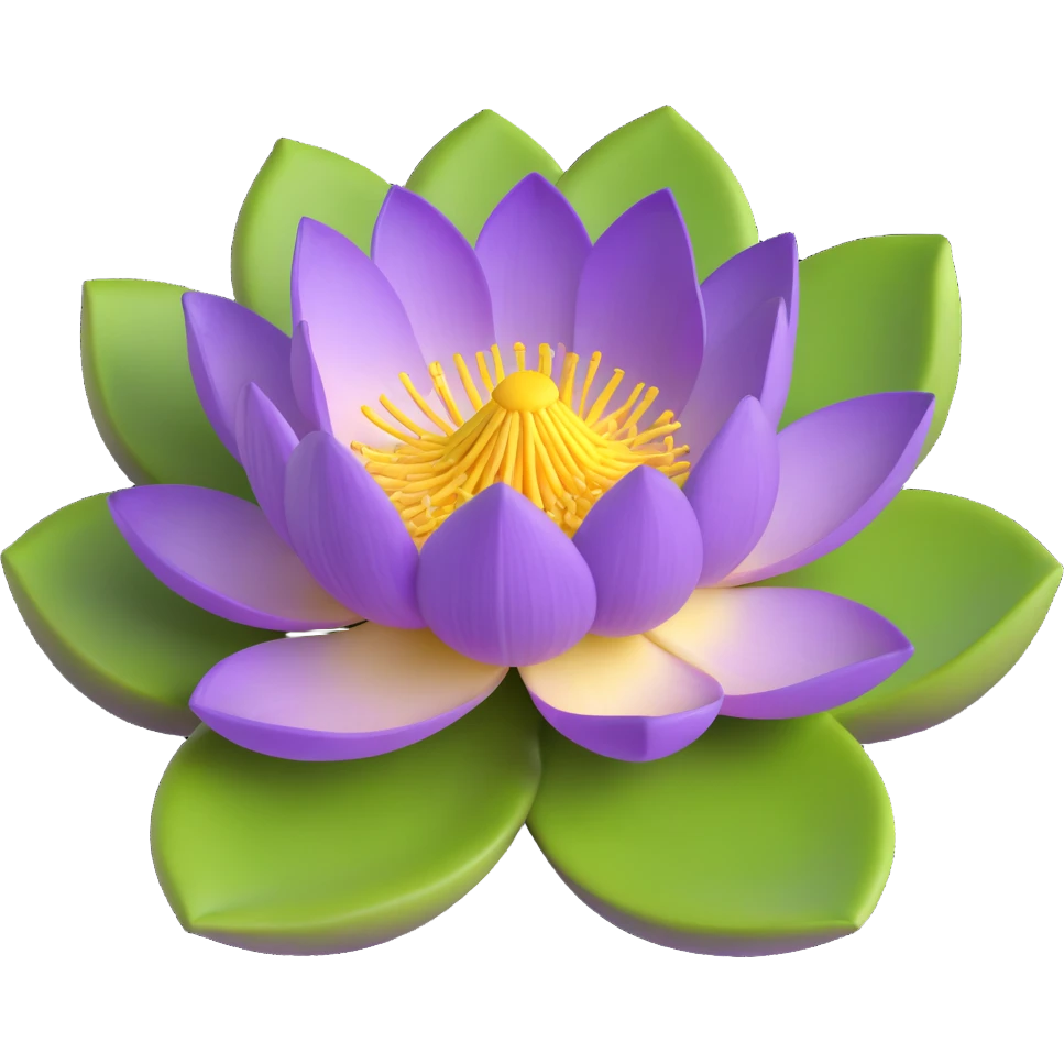 Realistic purple lotus flower with detailed petals, yellow stamens, and green lotus pad emoji