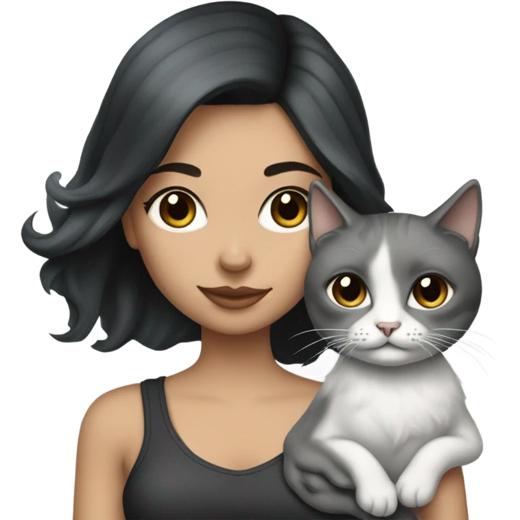 Beautiful dark haired tattooed woman holding gray and white long hair cat emoji