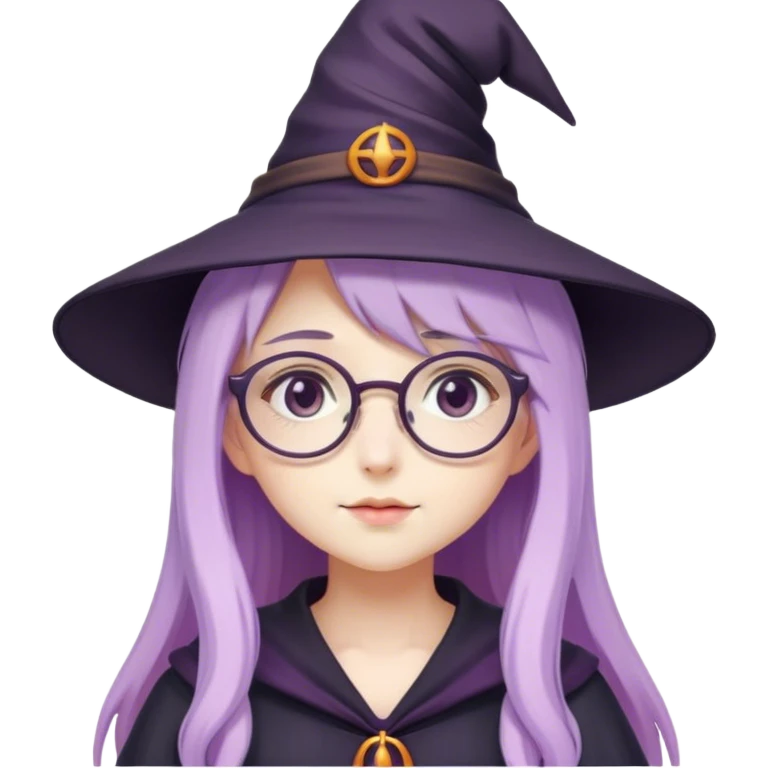 cute anime girl with long lilac hair wearing a witch hat and glasses emoji