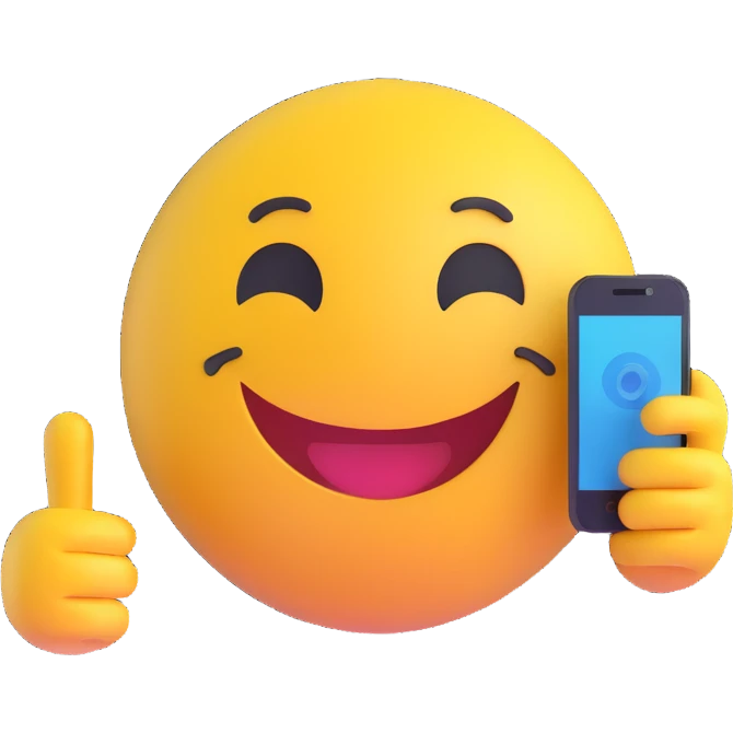 3D smiley emoji, round shape, student studying with smartphone, yellow color, smiling face emoji