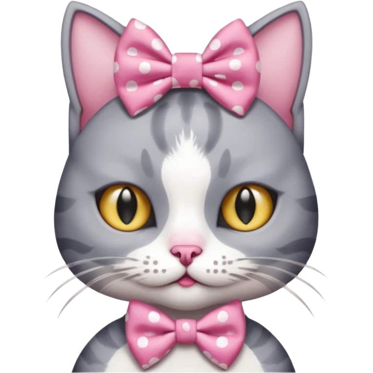 Evil Gray and white evil cat with a pink polka dot dress and with a pink polka dot bow on the Head cute emoji