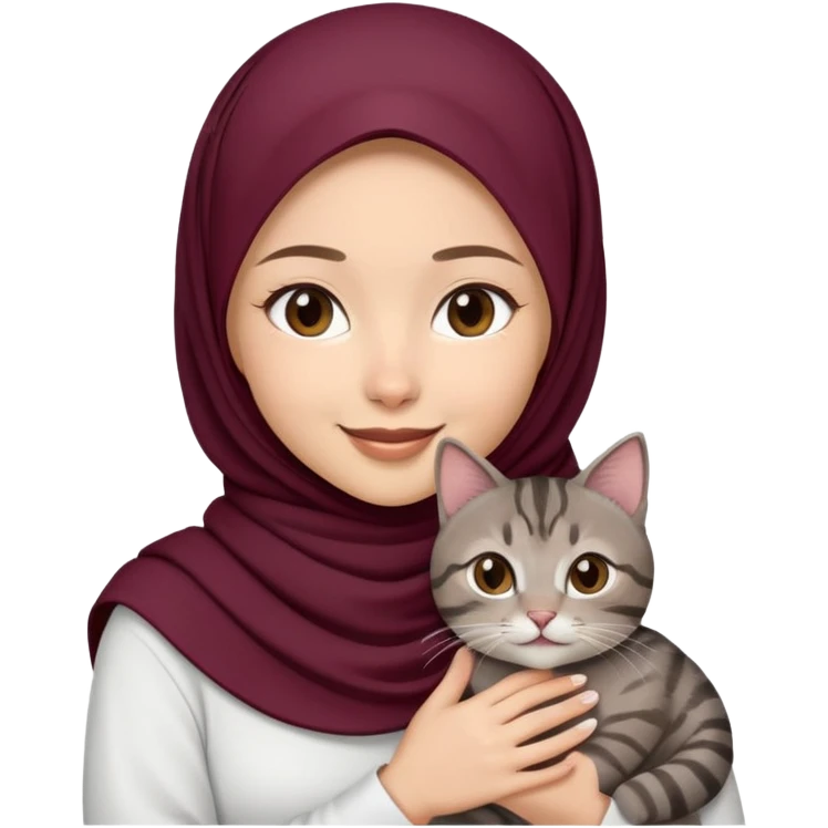 Asian white Girl wearing dark maroon hijab with white shirt smiling while holding a black brown grey tabby cat emoji