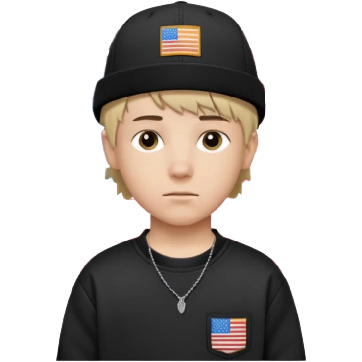 white  teen boy with short mullet haircut and black American flag flat bill hat at and wearing Carhartt sweatshirt emoji