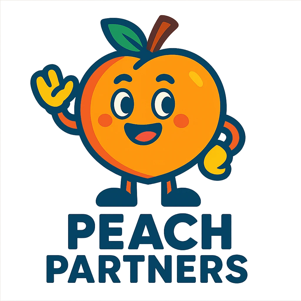 friendly peach mascot for 'Peach Partners' logo, vibrant toon style, vibrant colors, cheerful expression emoji