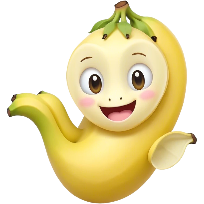 Cute Kawaii Banana, slightly curved, soft pastel yellow, cute giggling face with big round eyes, tiny arms waving happily, a peeled section revealing a smiling expression! emoji
