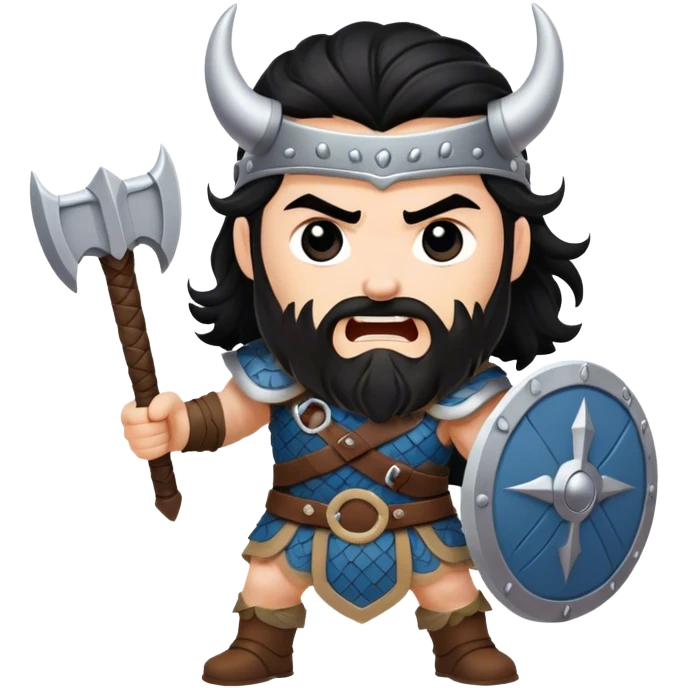 vikingo con armadura de Asgard, pelo negro ondulado, de pie, grito de guerra en torre de Asgard. emoji