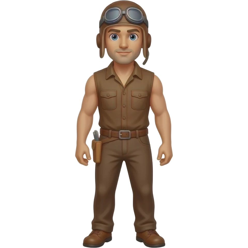 builder wearing brown no sleeve brown belt long brown pants brown aviator hat no gogles emoji