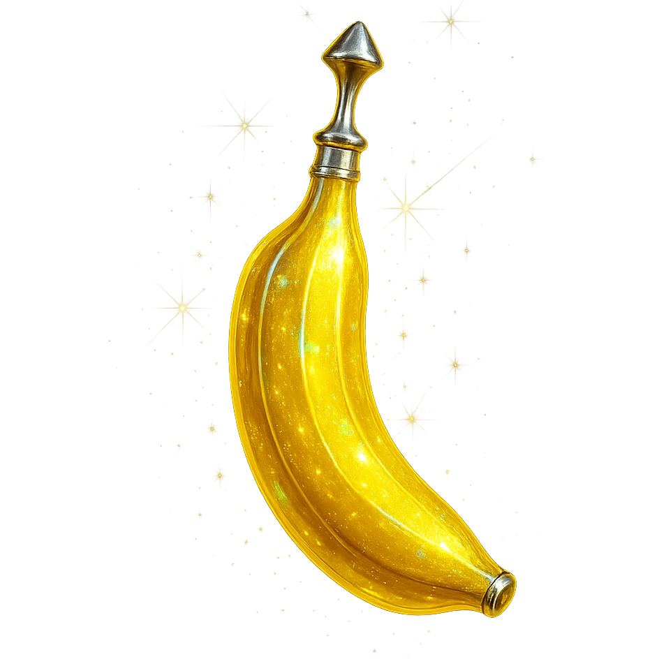 banana-shaped luxurious elixir bottle, banana yellow color, iridescent and silver details, maximum intense magical glowing and sparkling effects, very small neck, seamless bottom, transparent background, floating, no base or shadow, modern, matching a collection emoji