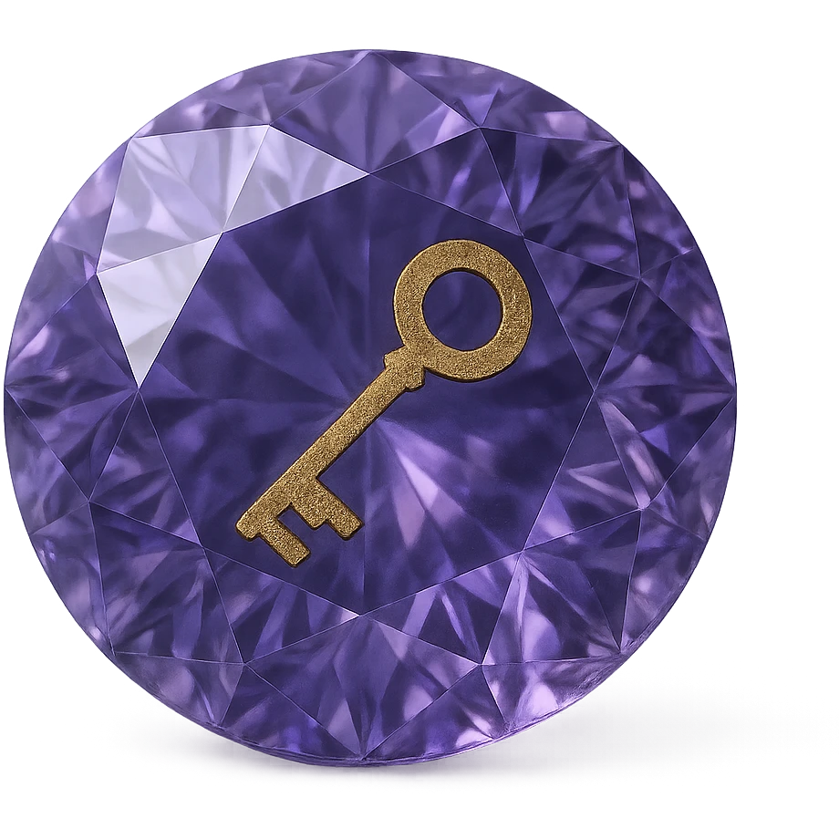 real diamond, circle-diamont gem shape, color #9665db, with complex 🗝️ key  symbol on the diamond. emoji