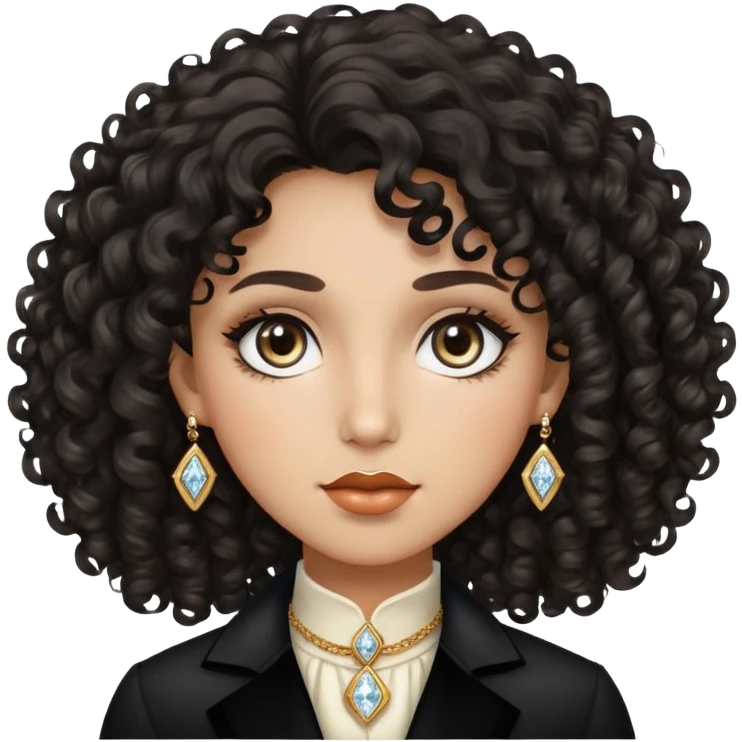 Curly also wavy black hair . Pretty but also mysterious face . Almond also round dimoned eyes . Old money outfit emoji