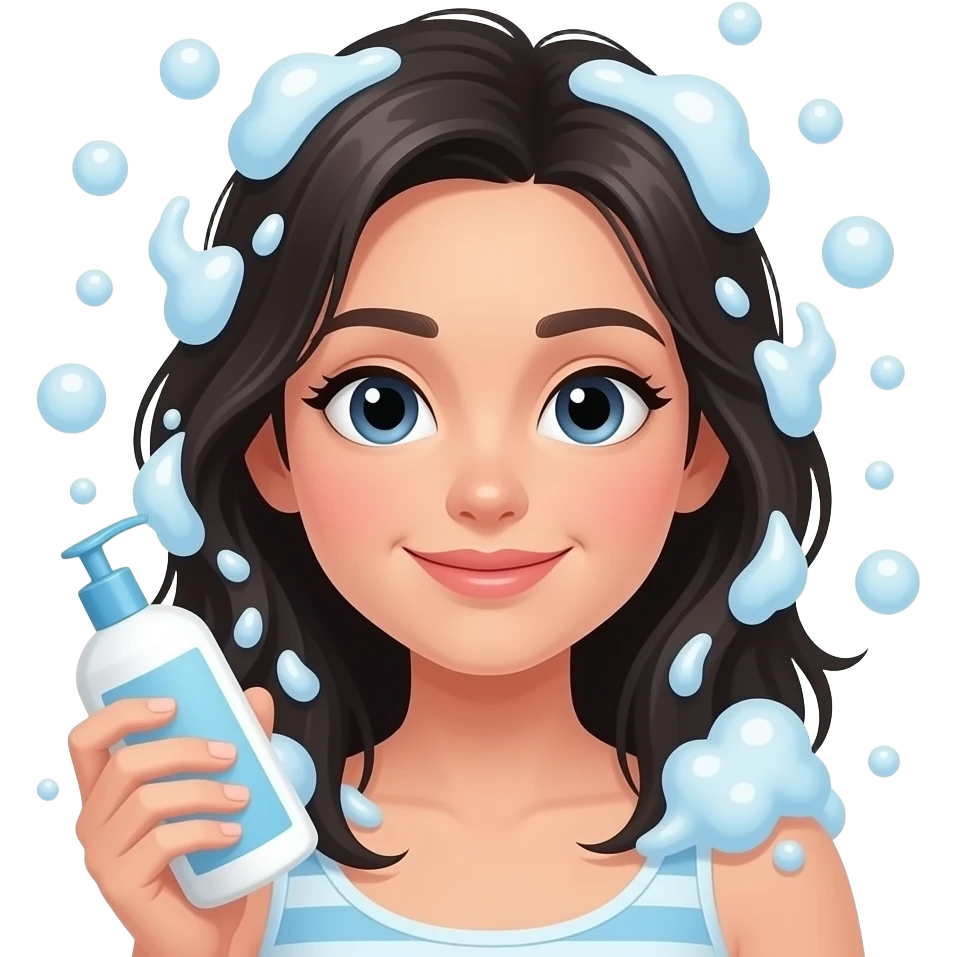 black hair girl washing hair with shampoo bubble and shmpoo emoji