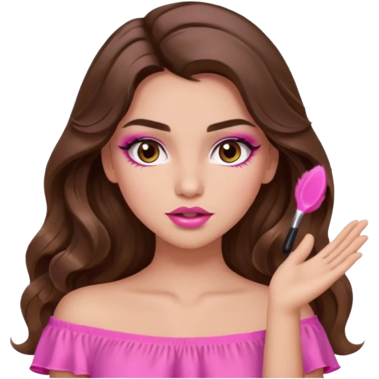 girl with long wavy brown hair, brown eyes, long lashes makeup, sexy pink lips, light to medium complexion, pink sexy top,slapping emoji