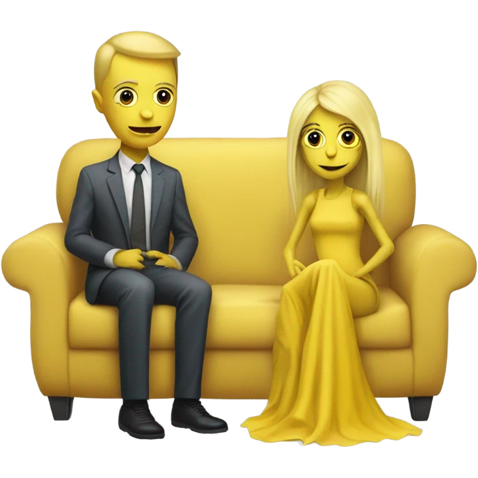 blonde alien reptilian woman in jellow dress and humman man, sitting on a couch  emoji