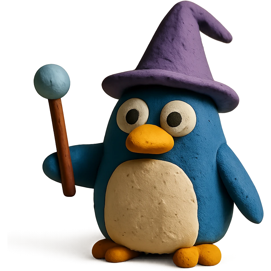 penguin wizard with a pointy hat and magic wand emoji