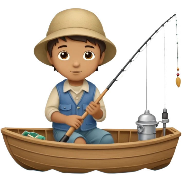 A single Little boy on a little boat fishing, felt texture, scrapbooking, precious moments style character emoji