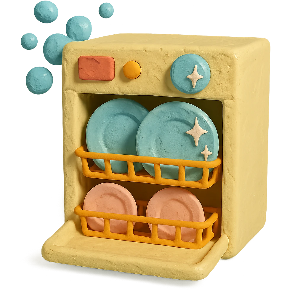 claymation style dishwasher with bubbles and sparkling plates, playful arrangement, pastel palette emoji