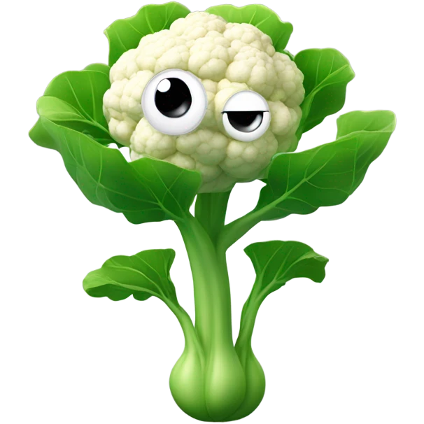 3D cauliflower character with big eyes 👀, a few green leaves 🍃, and leafy hands holding a small mirror 🪞 while gazing into it. The character is floating in the air, no legs visible. emoji