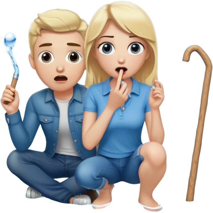 blond woman sitting on her knees with wide eyes, another man in jeans stands on her left, she's holding a wide skin-colored stick with a D-shaped knob, the stick and the nob have skin texture, water squirting from the knob into her mouth, shocked face emoji