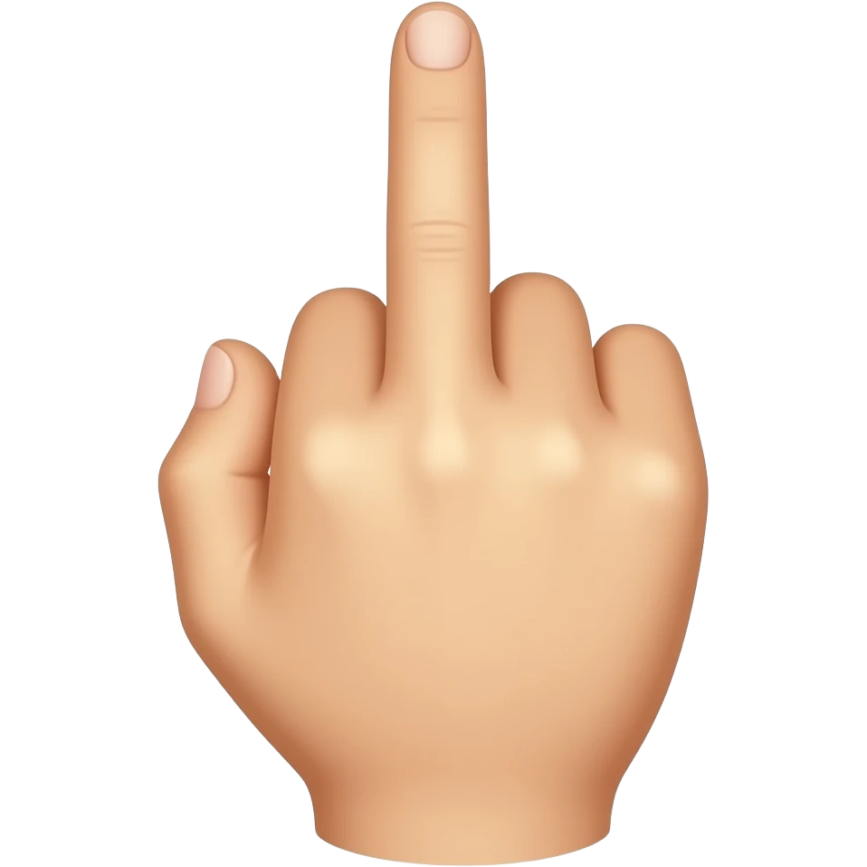 Hand met opgestoken middelvinger die maar half zo lang is. Een hand heeft vijf vingers, de middelste staat omhoog. En nu is de middelvinger gebogen in het bovenste kootje emoji