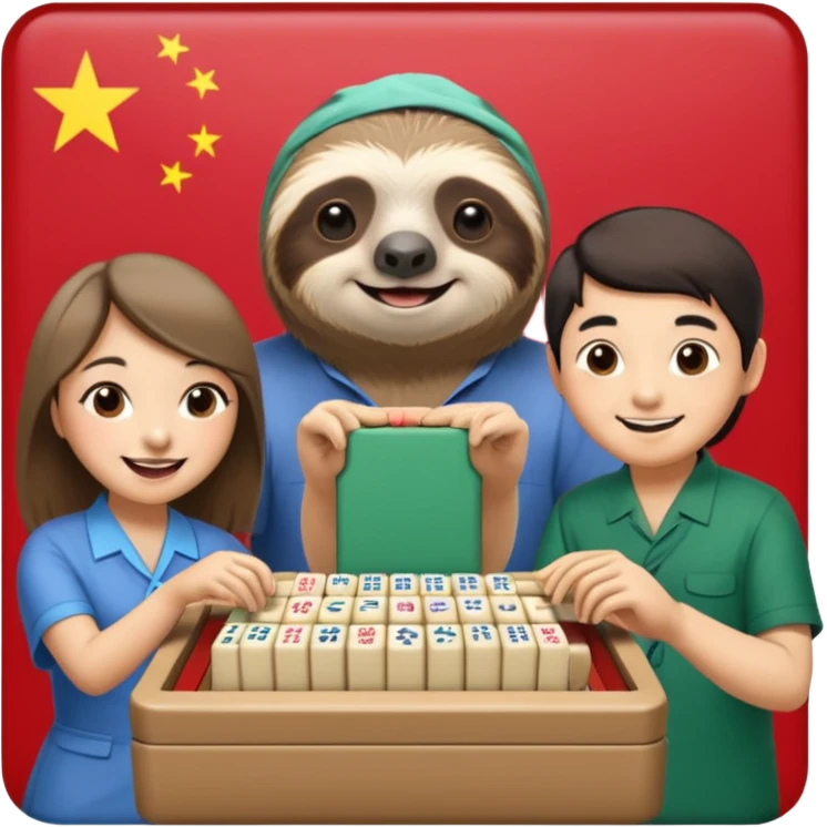 A sloth playing mahjong with two Chinese people emoji