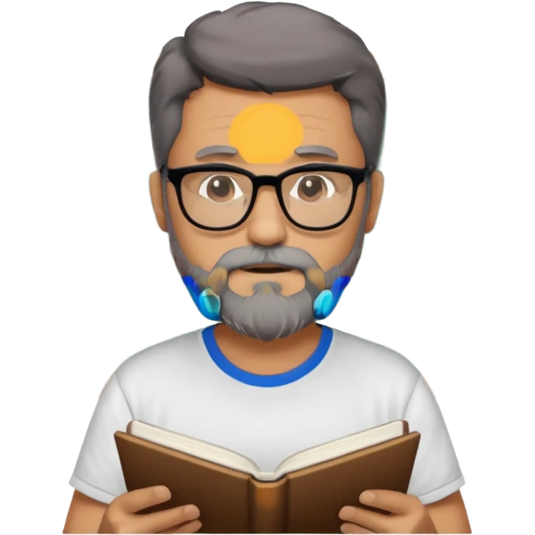 A man with a large gray beard, dark hair, wearing a t-shirt and glasses, studying. emoji