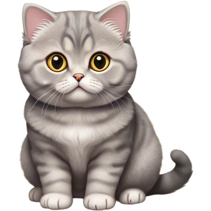 Cinematic Adorable Fluffy Grey Munchkin Scottish Fold Cat Portrait Emoji, Tiny, stubby legs and endearing folded ears giving it an irresistibly charming look, head tilted cutely with big, sparkling yellow eyes, soft grey fur with darker points on the ears, face, and paws, Simplified yet irresistibly adorable features, highly detailed, glowing with a soft, warm glow, high shine, affectionate and playful, stylized with a touch of whimsy, bright and endearing, soft glowing outline, capturing the essence of a curious and loving kitten with the unmistakable cuteness of a Munchkin Scottish Fold, so cute it feels like it could leap out of the screen—if only its little legs could reach! emoji