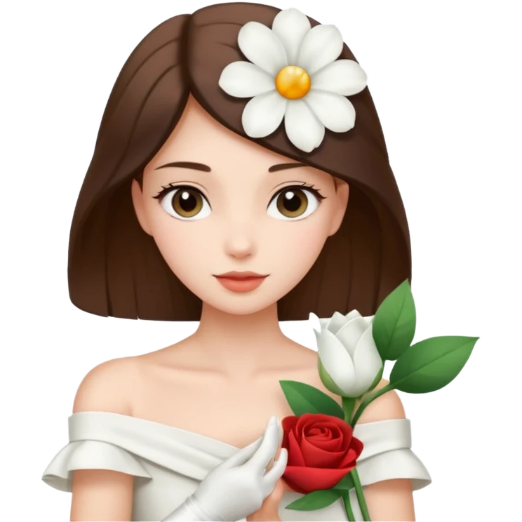 Pretty lady wearing a white silky off-the-shoulder folded neckline and holding a white flower on her right hand emoji