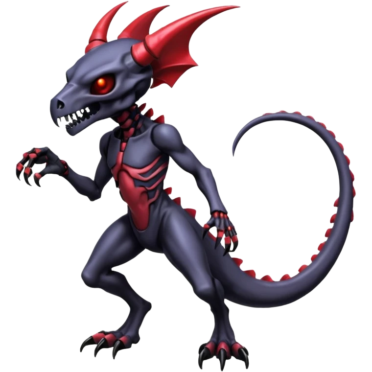 Shiny Horned Futuristic Badass Demonic Spectral Dusky Spooky Skull-faced Cool Hot Stylish Handsome Alien-Salandit-Darkrai-Genesect-Fakémon-fusion (full body) emoji