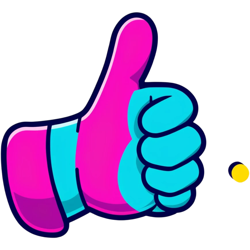 Minimalist sticker with white 'tt' letters on a black circle with cyan, magenta, and yellow dots below, thumbs up gesture with street style influence emoji