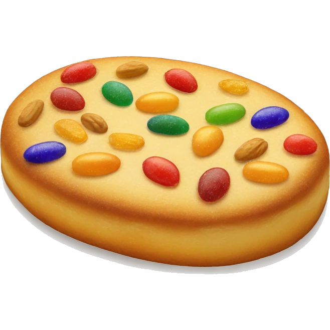 "Draw an emoji of a 'coca de San Juan,' an oval-shaped, golden Catalan pastry decorated with colorful candied fruits, pine nuts, and sprinkled with sugar. emoji