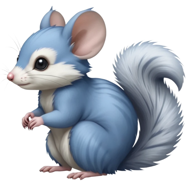 Blue-pointed, grey, soft natural realistic romantic vintage antique divine beautiful elegant pretty precious cute young youthful  Fakémon-Pokémon-alien-opossum-squirrel-feline-chinchilla-rodent-hybrid-creature with a big fluffy bushy tail (full body) emoji