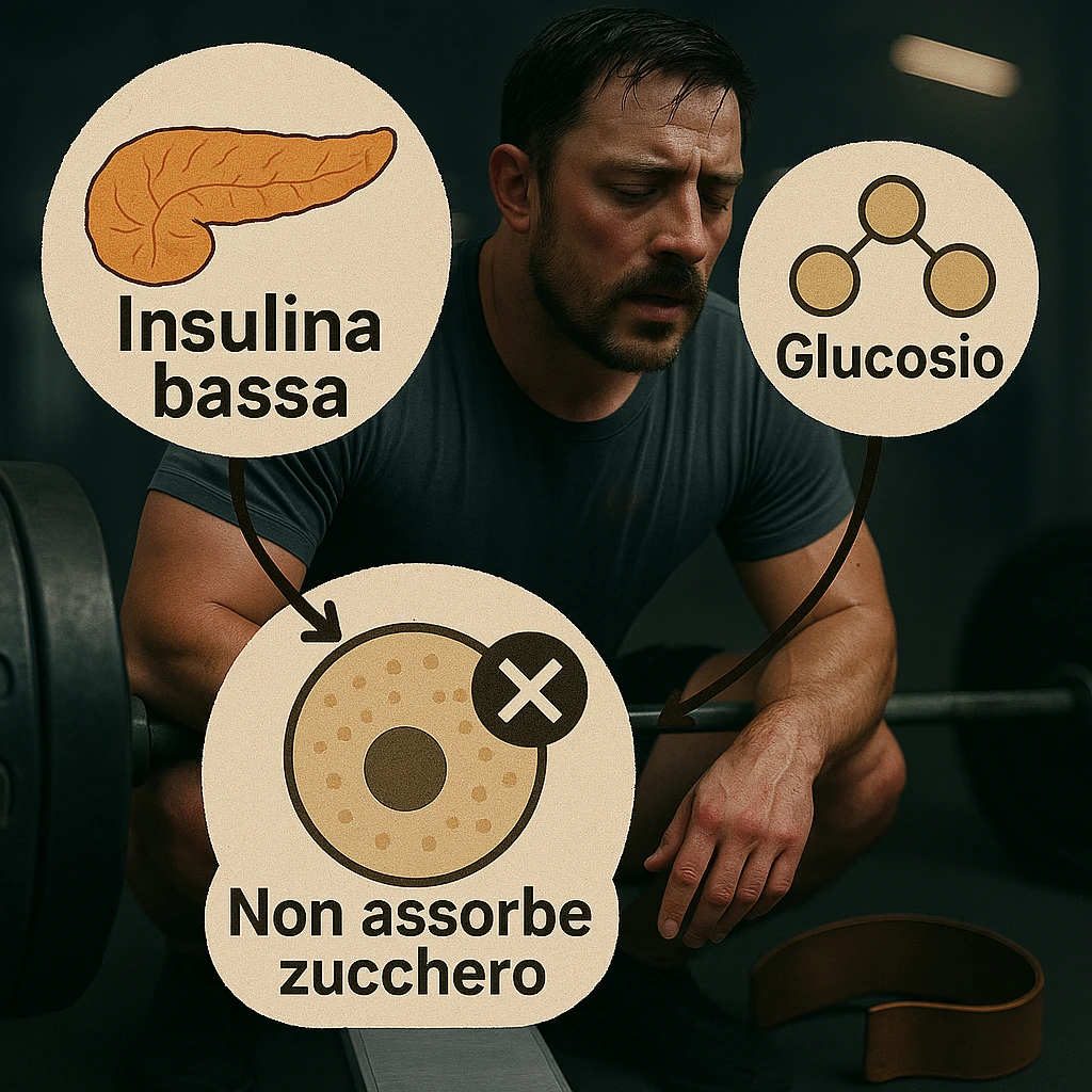 Add clear and legible Italian text to the icons in a realistic and symbolic-medical style: label the pancreas with 'Insulina bassa', the molecules with 'Glucosio', and the cells with 'Non assorbe zucchero'. Maintain the realistic and symbolic-medical style with clear and readable text. emoji