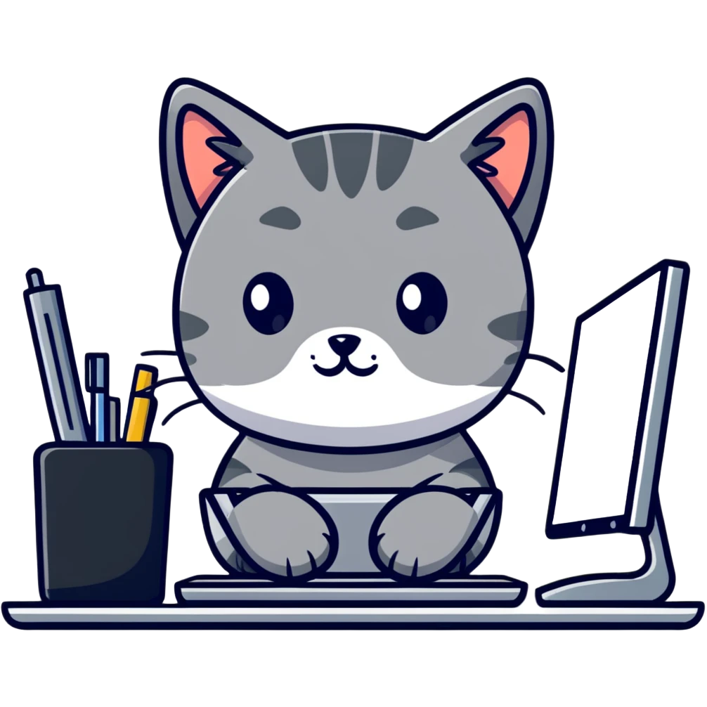 Grey kitten working at a computer desk emoji
