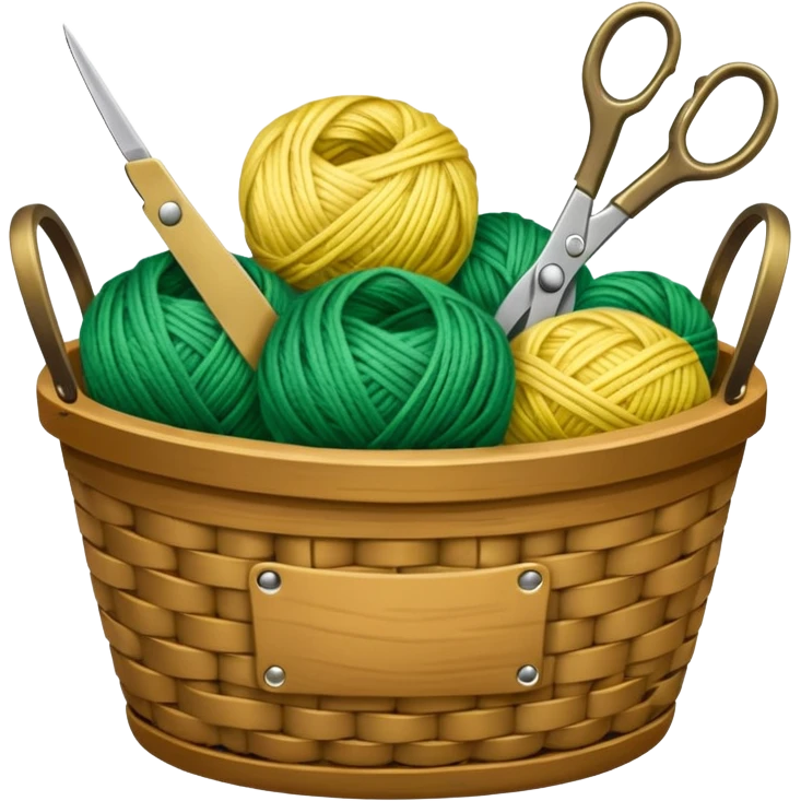 A tidy basket with neatly arranged green and yellow skeins and scissors. emoji