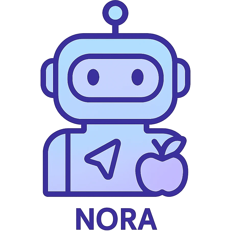 simple non-human nutrition navigator icon for Nora, gradient blend of light blue, light purple, and light gray, subtle navigation arrow, small fruit or vegetable accent emoji