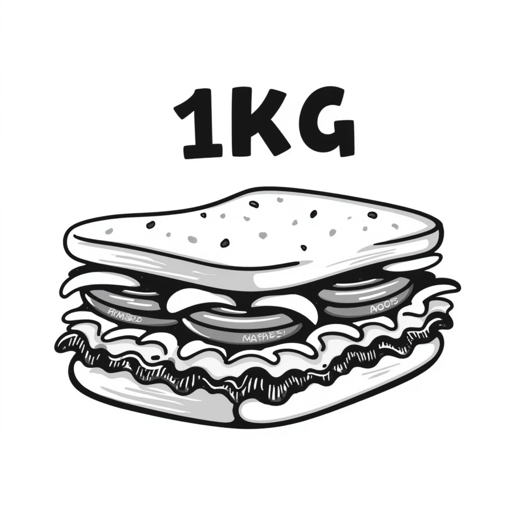 fun doodle of a huge sandwich with '1kg' in a playful, quirky font emoji