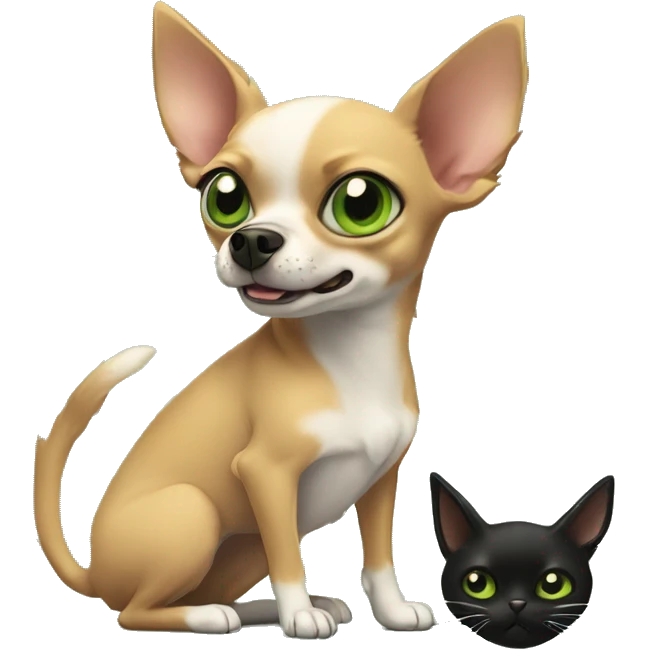 Tan Chihuaha fighting fluffy with dog and black cat with green eyes standing next to then emoji